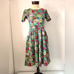 LULA ROE Floral Multicolor SHort Sleeve Midi Dress With Pockets. Size Small